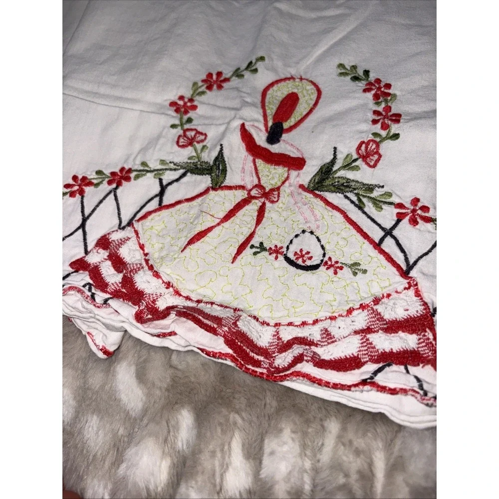 2 Vintage Southern Belle Hand Embroidered Crocheted Red Pillowcases Cottagecore